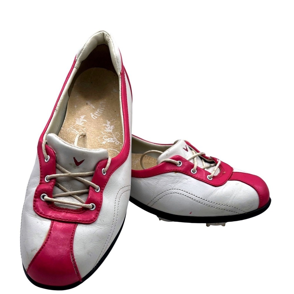 Callaway Womens Golf Shoe‎ size 7 Pink White Spiked Leather half lace